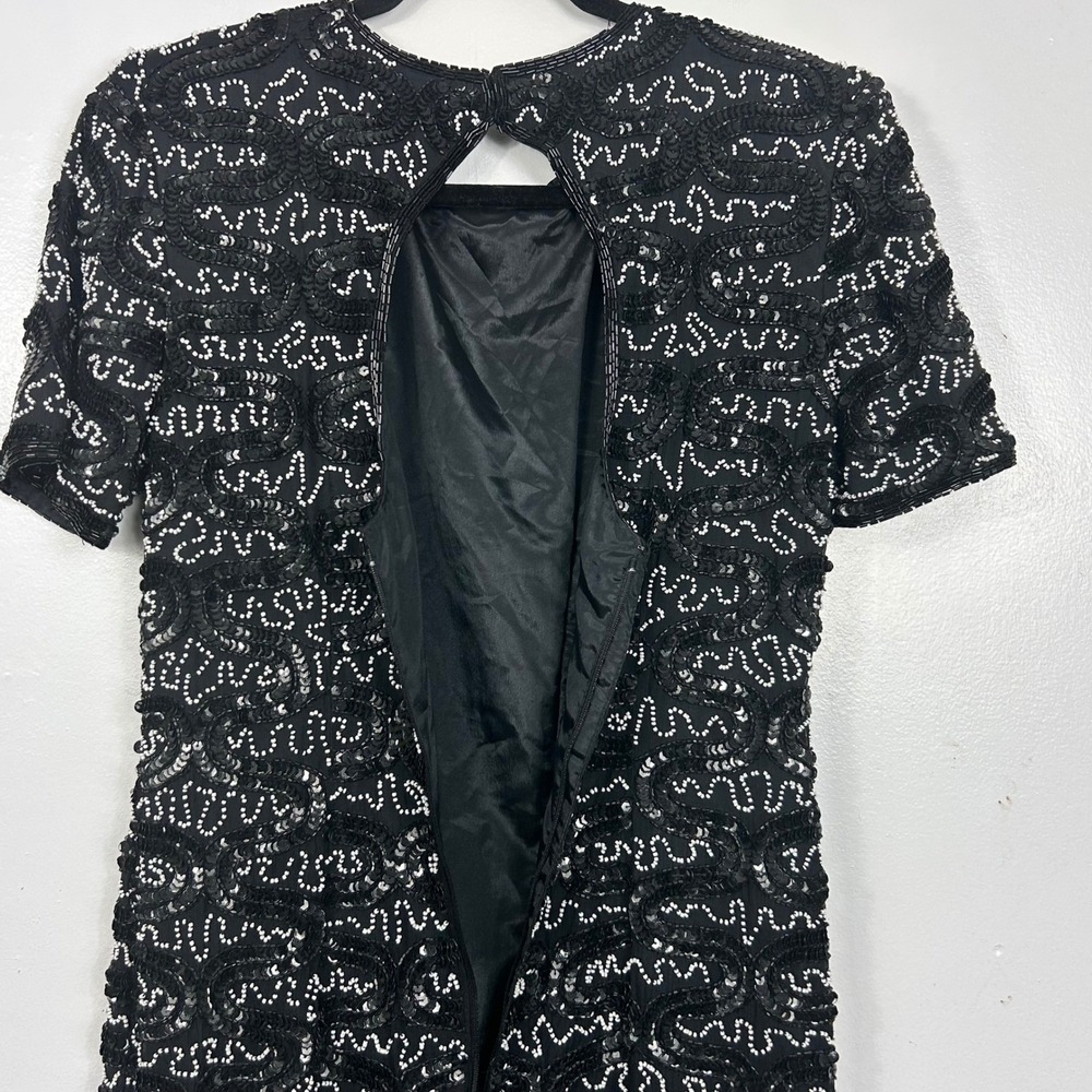 Adrianna Papell Evening Dress Womens 4 Black Sequin Beaded Keyhole Back Cocktail - Picture 12 of 12